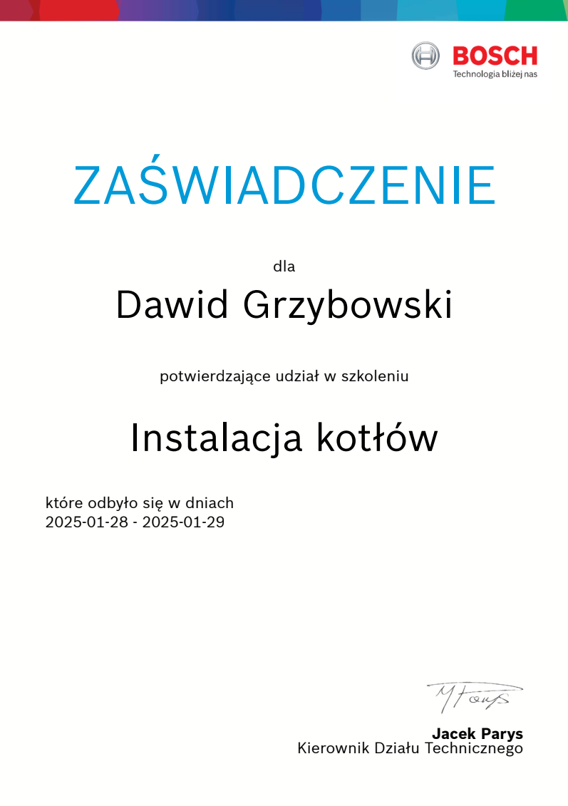 Zaświadczenie - instalacja kotłów