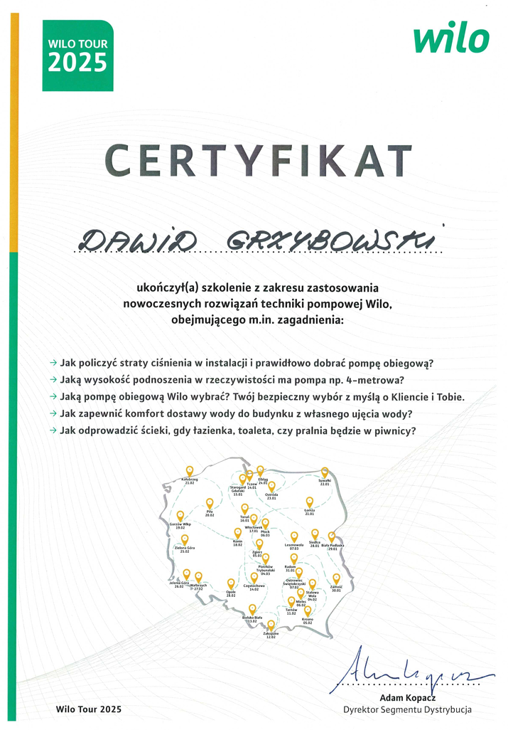 Certyfikat - szkolenie z zakresu zastosowania nowoczesnych rozwiązań techniki pompowej Wilo.