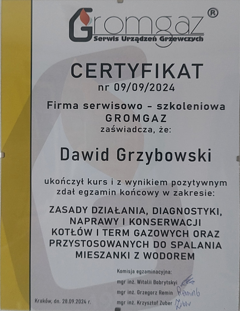 Certyfikat - zasady działania, diagnostyki, naprawy i konserwacji kotłów i term gazowych oraz przystowsowanych do spalania mieszanki z wodorem.